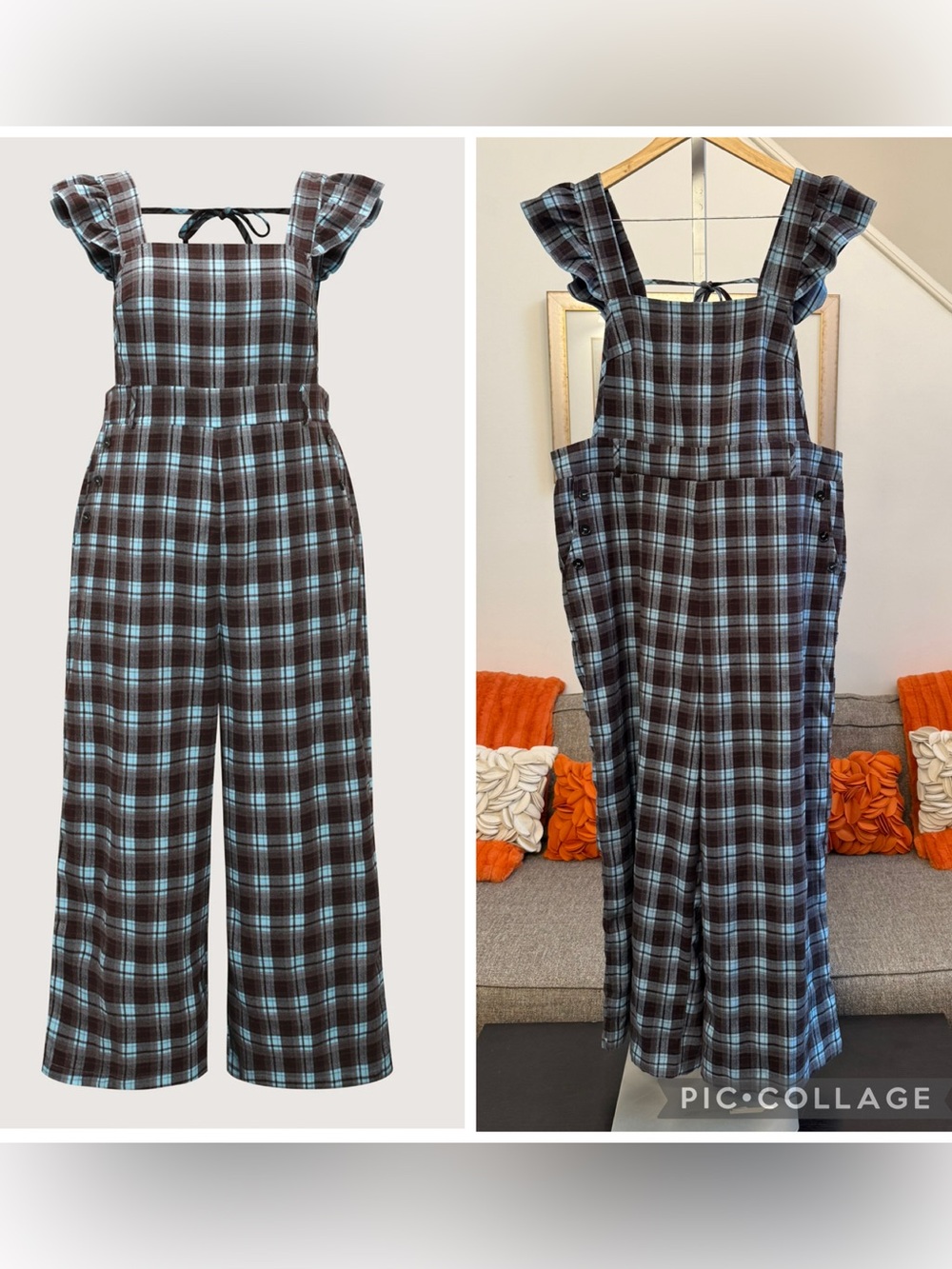 ❣️Bloomchic Brown & Blue Plaid Ruffled Sleeve Backless Tie Jumpsuit❣️